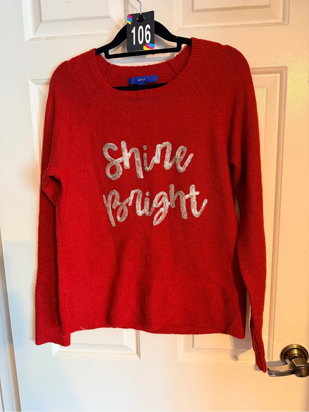 Apt. 9 Red Crewneck Sweater with Silver Metallic 'Shine Bright' Script